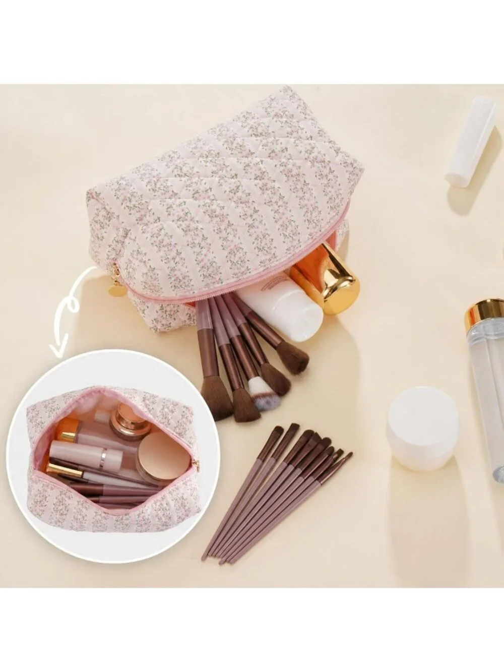 4PCS Aesthetic Makeup Bag Set - Quilted Travel Toiletry & Cosmetic Organizer